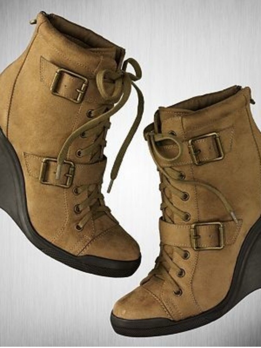 Vera Wang Tan Suede Lace-Up Wedge Ankle Boots with Buckles